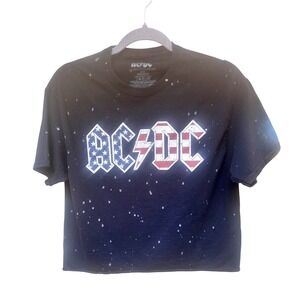 AC/DC 1980 US Tour Graphic Cropped T-Shirt Black Splatter Print Womens Medium